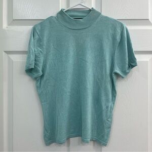 August Silk Blue Short Sleeve Mock Neck Women's Knit Sweater Blouse Shirt Top